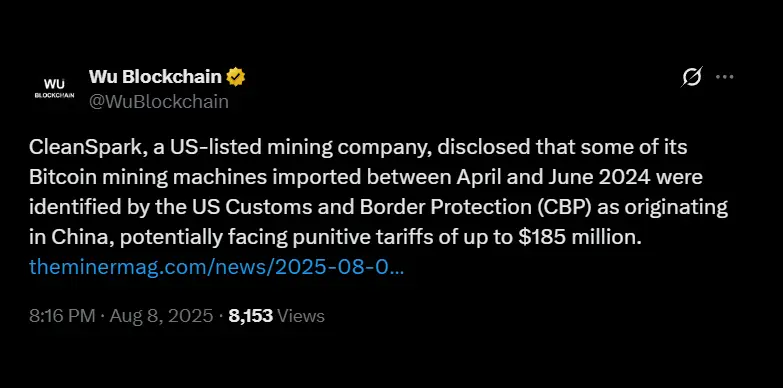 CleanSpark battles $185M tariff claim as US tightens mining gear checks