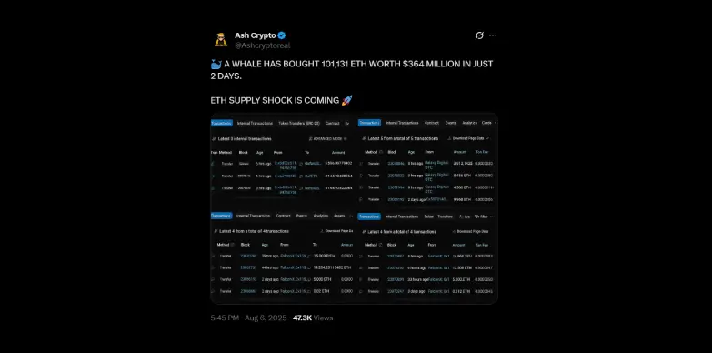Crypto Influencer Ash Crypto highlights the ETH accumulation by whales on social media platform X