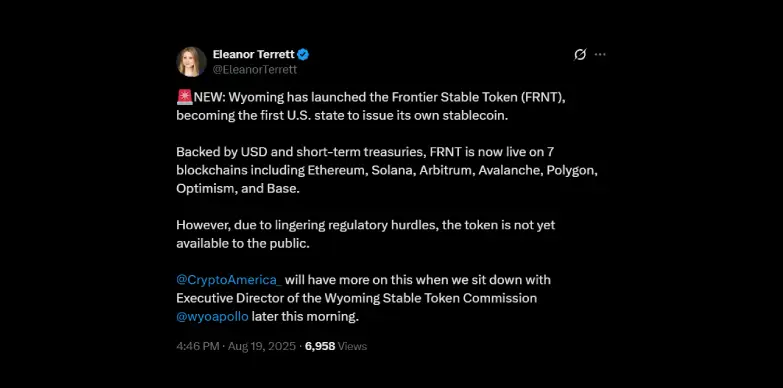 Eleanor Terrett reports Wyoming launching its first state stablecoin
