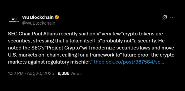 SEC Chair Paul Atkins talks about Project Crypto and announces that only a small number of tokens will be considered as security 