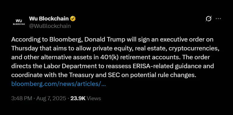 US President Donald Trump will sign an executive order allowing cryptocurrencies in 401(k) retirement plans today