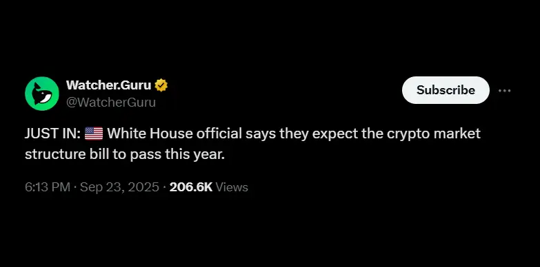 Crypto market bill to pass this year as informed by White House official