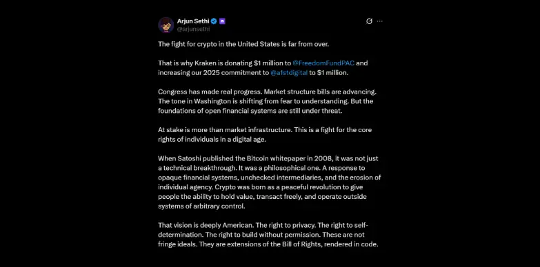 Kraken's Arjun Sethi announces its donation to PACs