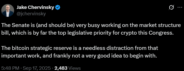 Jake Chervinsky calls Bitcoin reserve a distraction