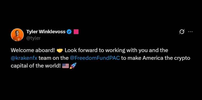 Tyler Winklevoss welcomes Kraken's donation to Freedom Fund PAC