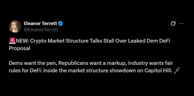 Eleanor Terrett reports how Senate crypto talks have stalled over controversial DeFi rules