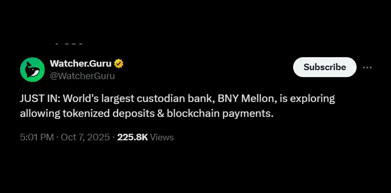 Watcher Guru reports that BNY Mellon, is exploring tokenized deposits